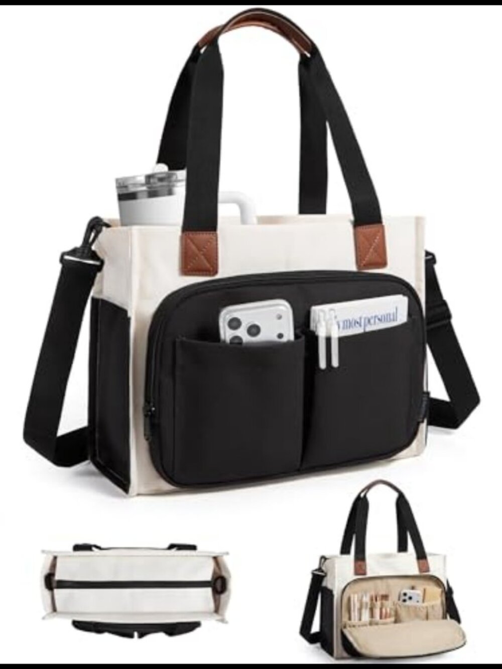Canvas Work Tote with Laptop Compartment, Top Zipper, 14L